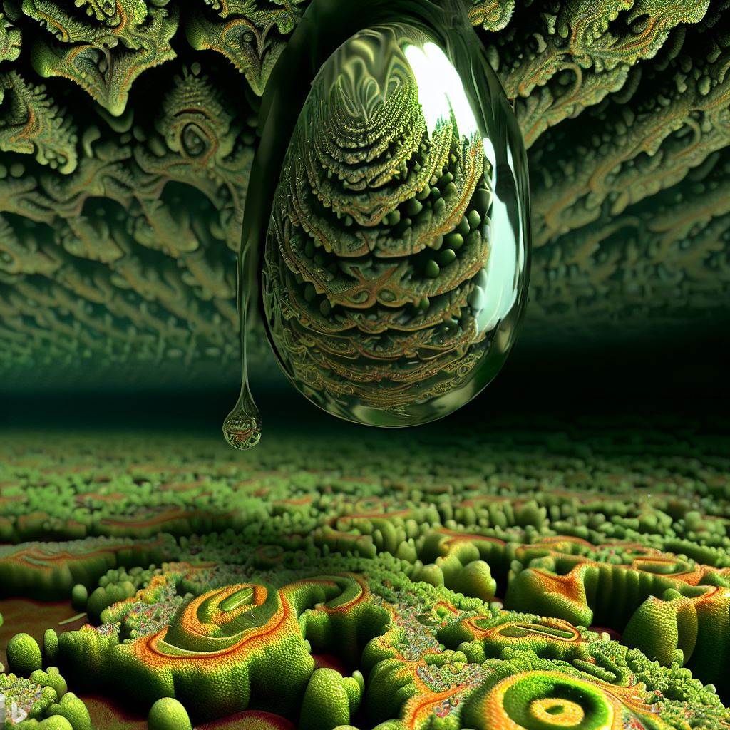 a 3d hyper-real raindrop falling toward a mossy lichen-encrusted fractal rainforest floor that contains a mysterious - jubilant recursion mirror Escheresque convulsions -.jpg